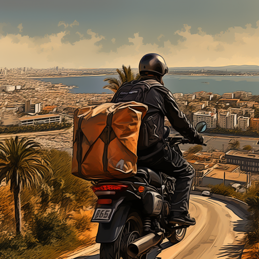 תמונה של רוכב משלוחים על רקע העיר חיפה, המסמל משלוח מהיר ויעיל