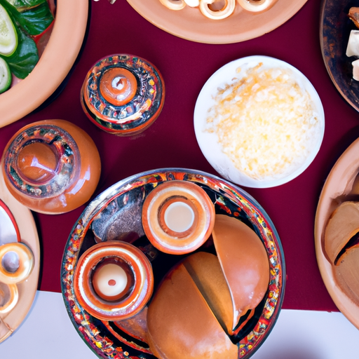 1. שולחן ערוך להפליא המציג מבחר של מאכלים רוסיים מסורתיים.